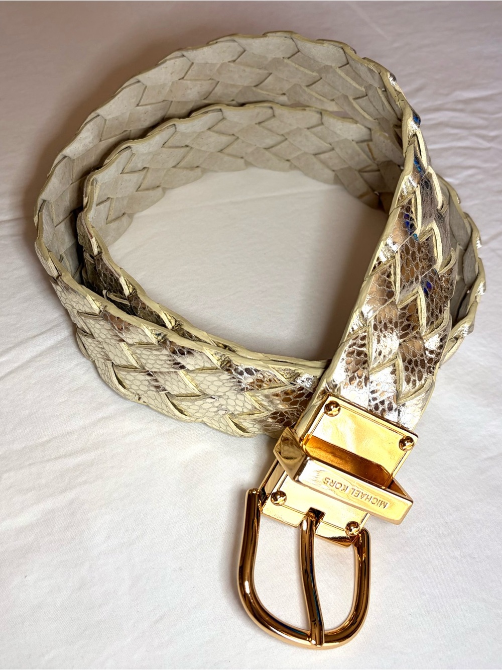 Michael Kors Braided Snake-Print Leather Belt in Cream and Gold